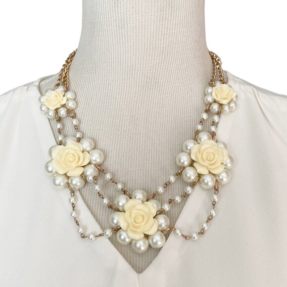 White Lucite Rose Bib Statement Necklace with White Pearls Adjustable Length - Picture 1 of 4